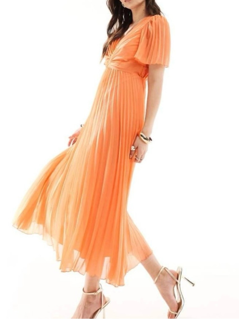 ASOS Orange Pleated Bodice Flutter Sleeve Midi Dress UK 6 US 4 Party Wedding